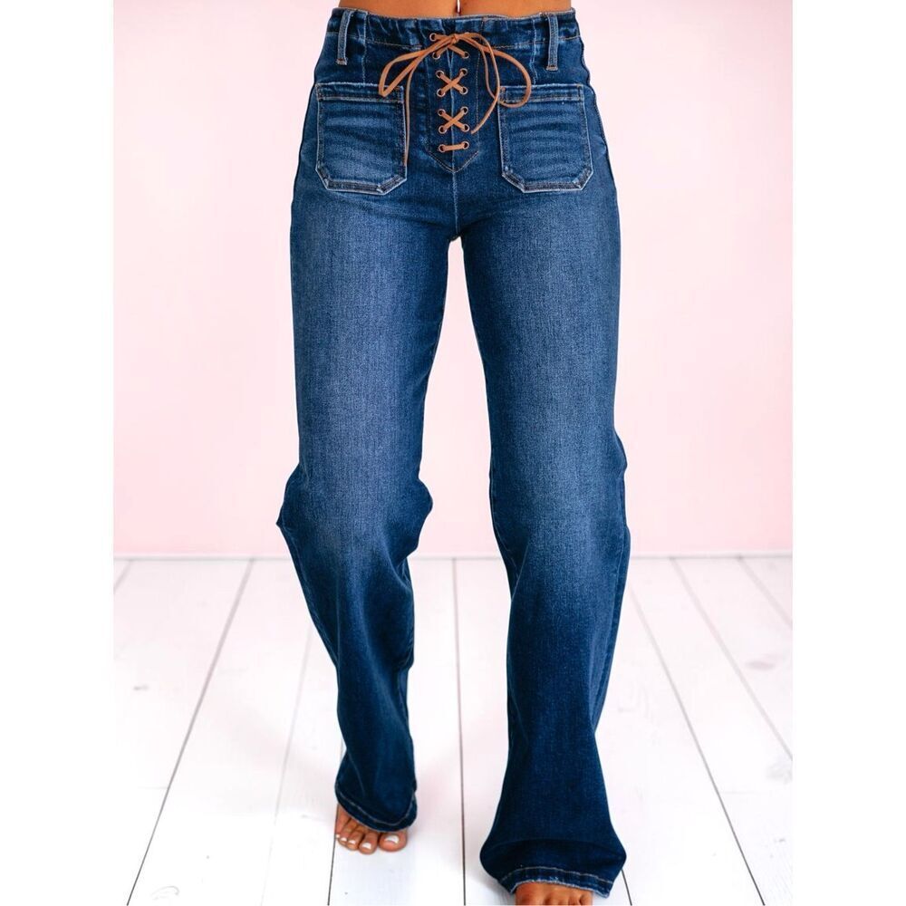 Risen High Rise Wide Leg Lace Up Jeans Dark Wash Tie Patch Pocket Stretch Denim - Picture 8 of 13